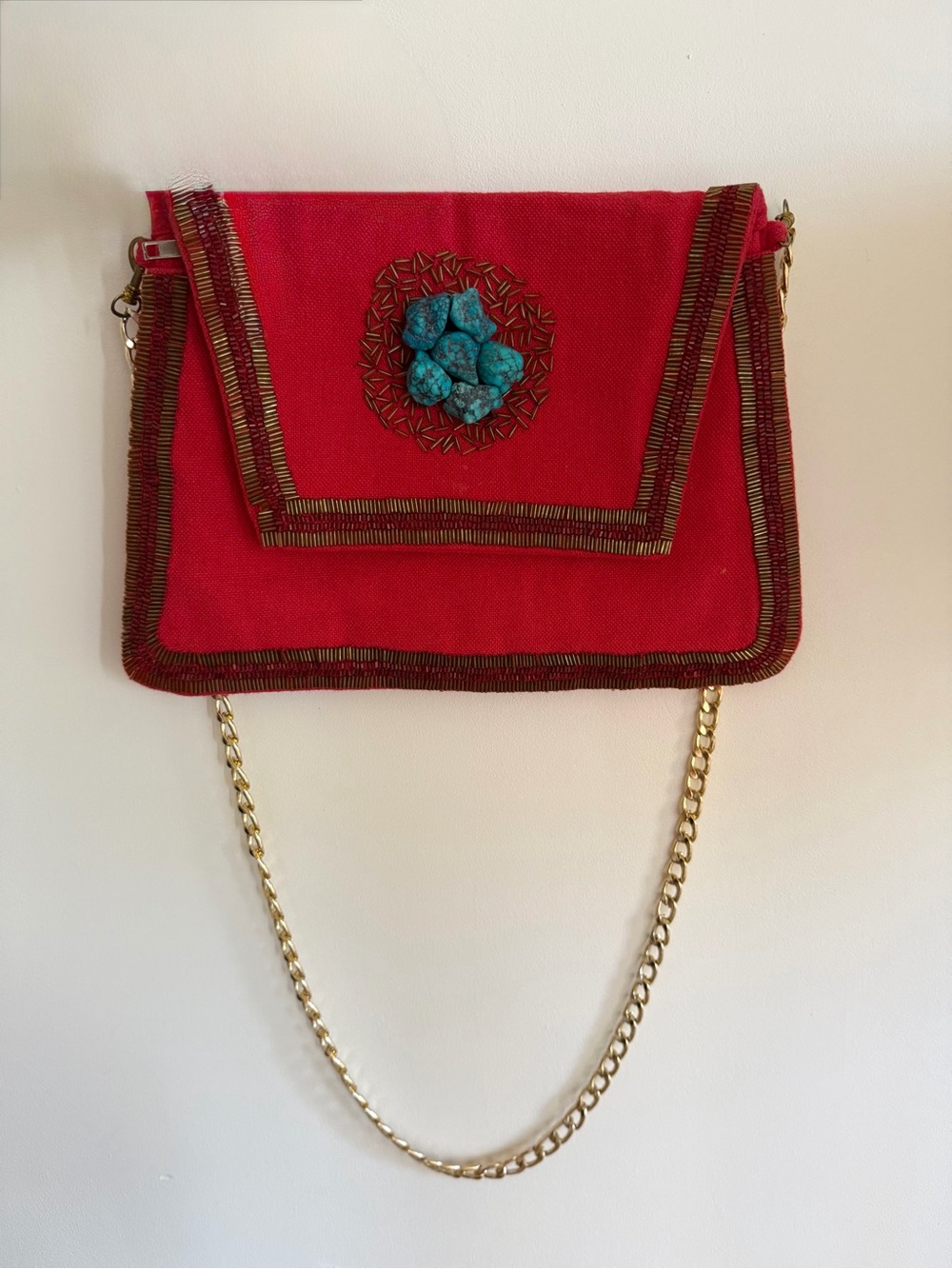 Handmade Red Fabric Bag from Egypt w/Turquoise Stone & Beaded Detail